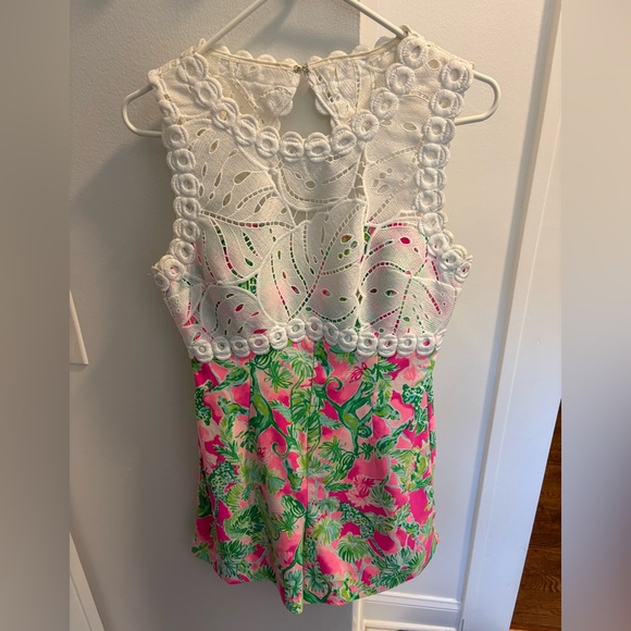 Lilly Pulitzer Pink and Green Romper Raz Berry Catty Shack Sadie Romper - Picture 6 of 13